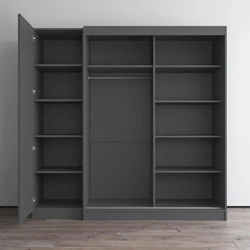Kleiderschrank mit 2 Türen und Spiegel, Glasfront, für 2 Personen (Grau / Schwarz / Weiß)