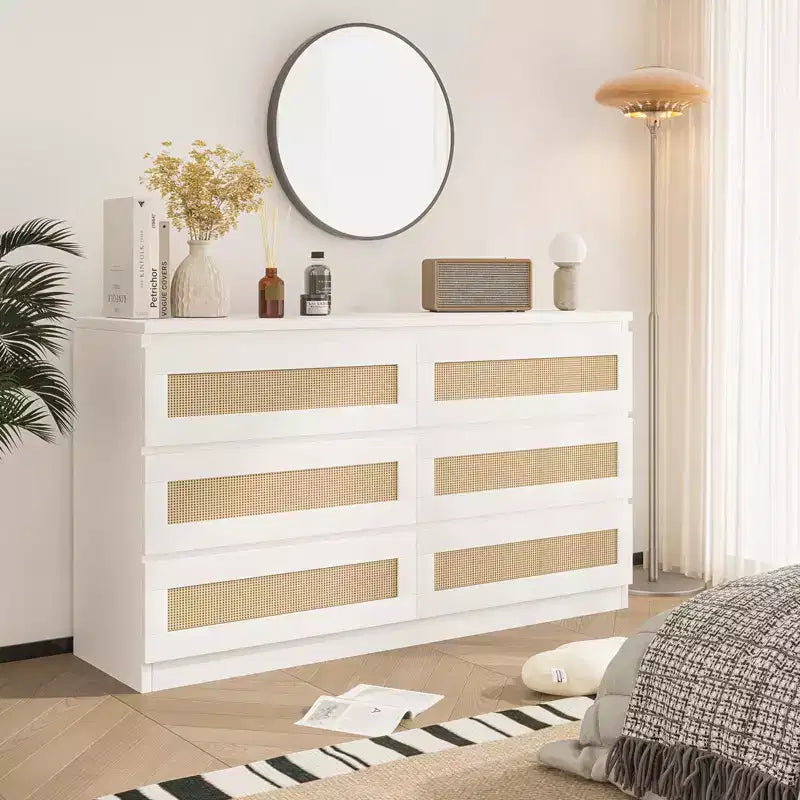 Rotan ladekast voor de slaapkamer met 6 laden, brede moderne ladekast van 47 inch in landelijke stijl, houten opbergkast en organizer voor kledingkast, woonkamer en hal