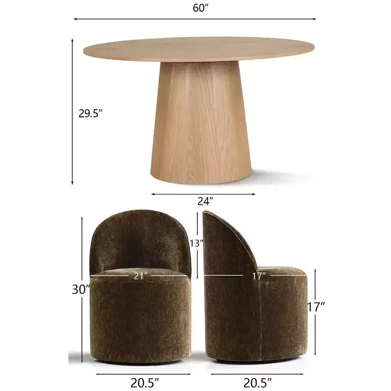 Ensemble de salle à manger moderne pour 6 personnes, table ronde à piètement central, fauteuils pivotants en forme de tonneau à roulettes, chenille texturée - Panipeachy