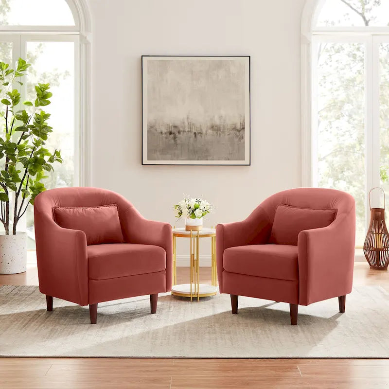 Ensemble de 2 fauteuils d’appoint de 28.34W, fauteuils tonneaux en velours avec pieds en bois massif