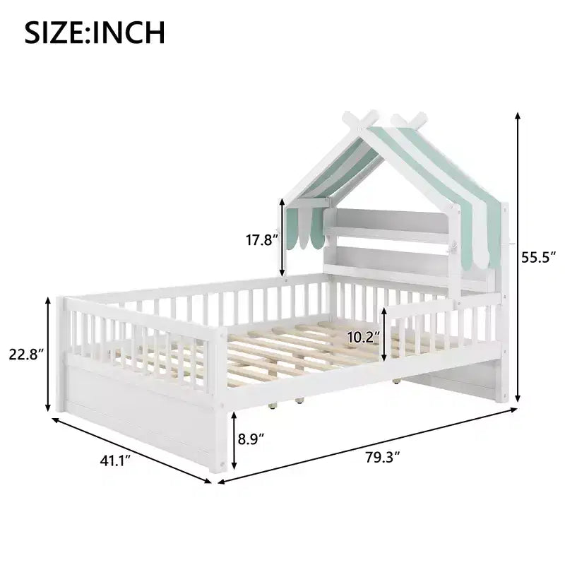 Lit cabane en bois ModernLuxe pour lit simple ou double avec tête de lit de rangement, cadre de lit pour enfant en pin massif avec barrières de sécurité