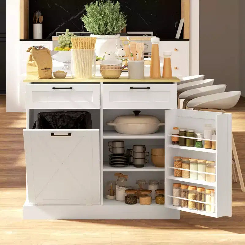 Meuble HOMCOM pour poubelle à ouverture basculante avec tiroirs, meuble de cuisine style campagne avec poubelle dissimulée