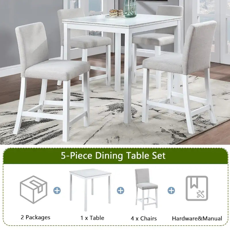 Modernes 5-teiliges Esszimmerset mit quadratischem Tisch in Thekenhöhe und 4 gepolsterten Stühlen