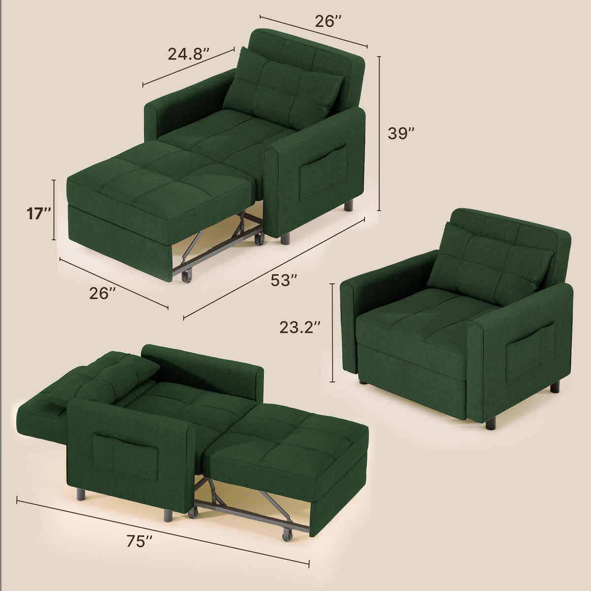 3-in-1-Schlafsofa mit verstellbarer Liegefläche, ausziehbares Sesselsofa, umwandelbares Klappbett fürs Wohnzimmer