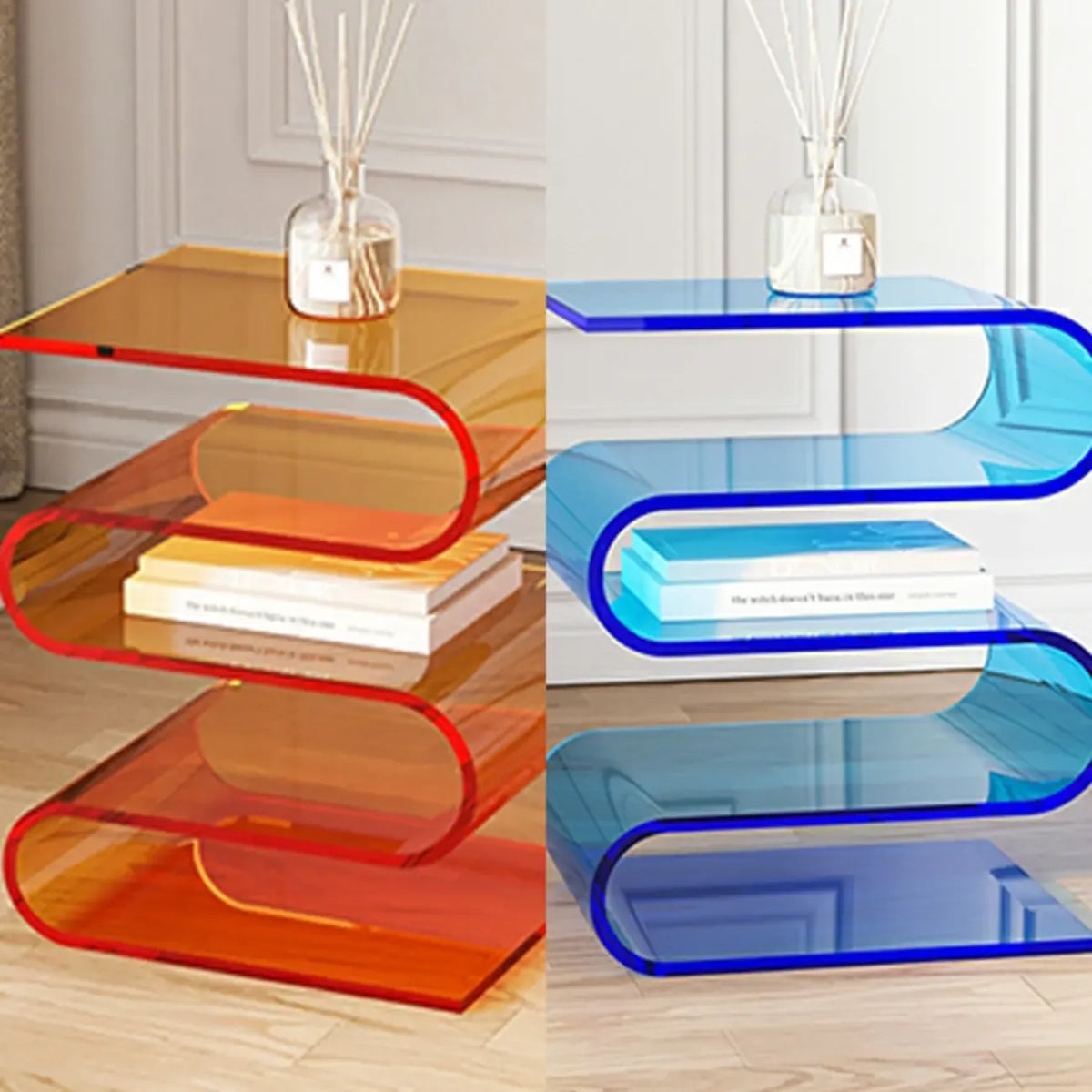 Moderner Beistelltisch aus Acryl in S-Form mit Stauraum