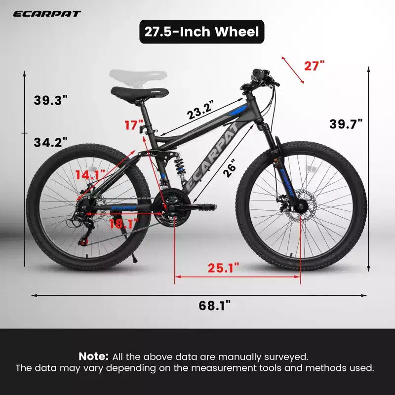 Okak 27.5IN mountainbike met dubbele vering voor en achter, terreinfiets met 21 versnellingen en mechanische schijfremmen, volwassen fiets voor mannen en vrouwen