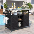Îlot de cuisine d’extérieur Okak avec plateau en acier inoxydable, desserte de cuisine en bois avec portes, étagères et porte-épices, îlot de cuisine à roulettes