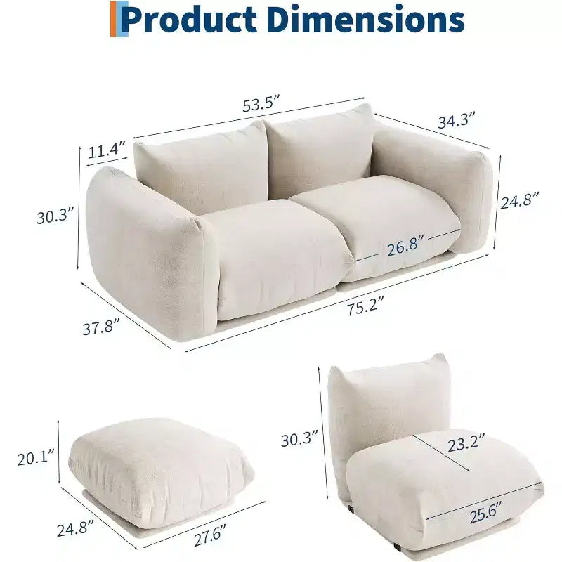 Modulaire loveseat van chenillestof, 2-persoons wolkbank met zeer veerkrachtig schuim, compacte bank zonder frame