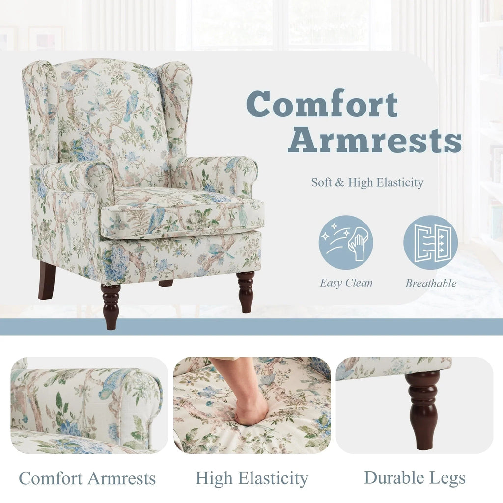 Fauteuil d’appoint moderne Erommy à dossier haut, fauteuil une place en tissu rembourré avec boutons et pieds en bois, pour salon