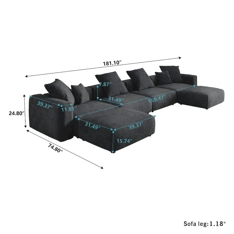 Großes modulares U-förmiges Ecksofa aus Cord mit 4 Sitzplätzen, 2 Hockern und 5 Kissen