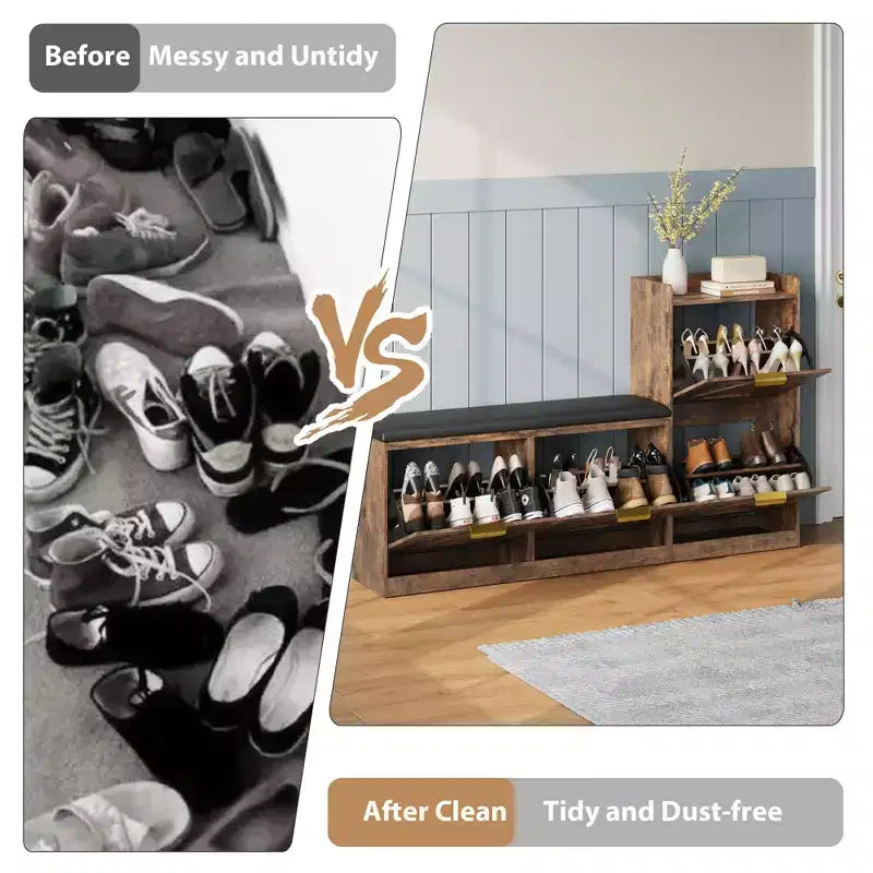 Meuble à chaussures style farmhouse avec banc, 4 tiroirs basculants pour l’entrée, organisateur de rangement avec assise rembourrée confortable, banc porte-chaussures autoportant