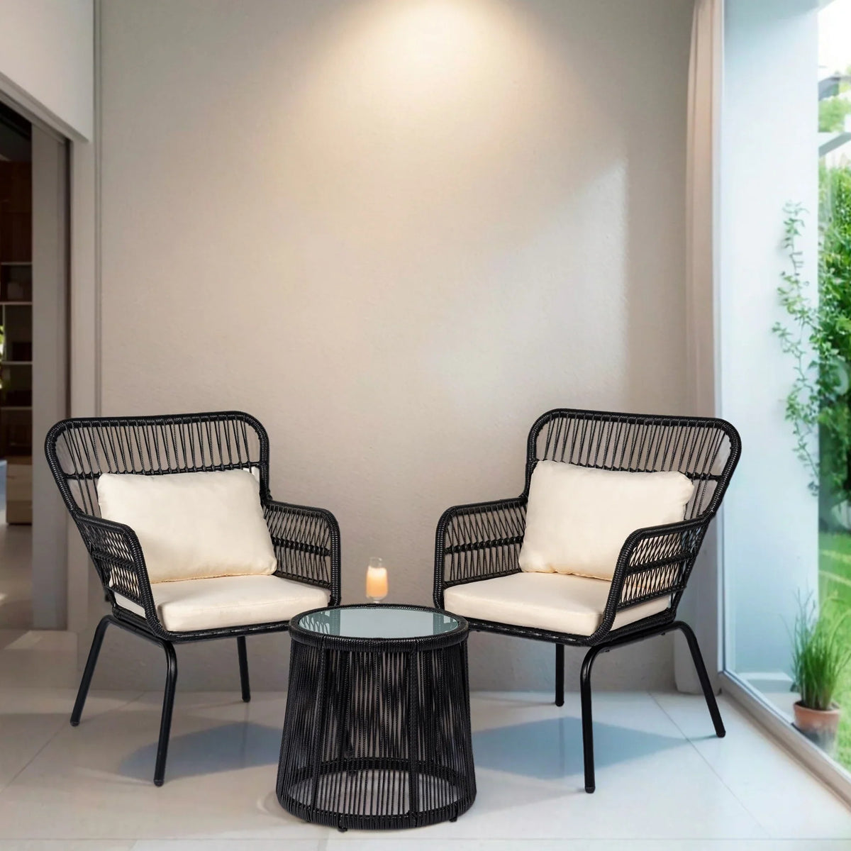 3 Piece Outdoor Wicker Conversation Bistro Set, All-Weather Rattan Furniture Patio Chairs Set with Cushions