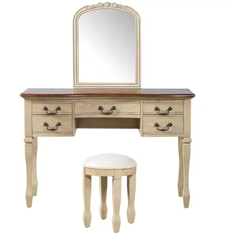 Vintage kaptafelset, vintage make-uptafel, kaptafel van 46 inch met gebogen spiegel met bloemen, 5 opbergladen