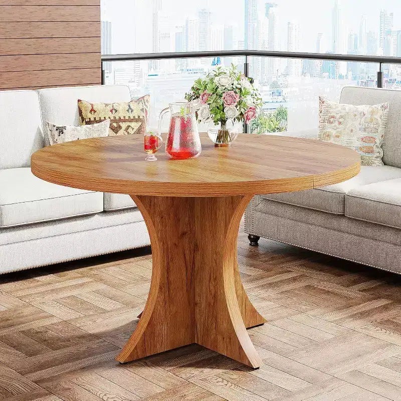 Lantine ronde eettafel van 47.24 inch voor 4-6 personen, eettafel in landelijke stijl met middenpoot, kleine eettafel voor de eetkamer of woonkamer, bruin