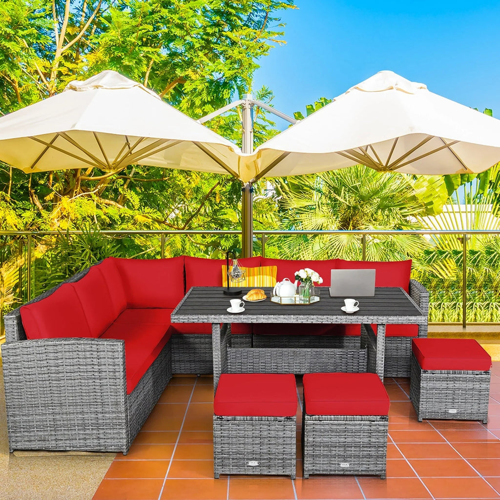 Costway, ensemble de salle à manger de jardin en rotin de 7 pièces avec canapé d’angle et repose-pieds - Voir les détails