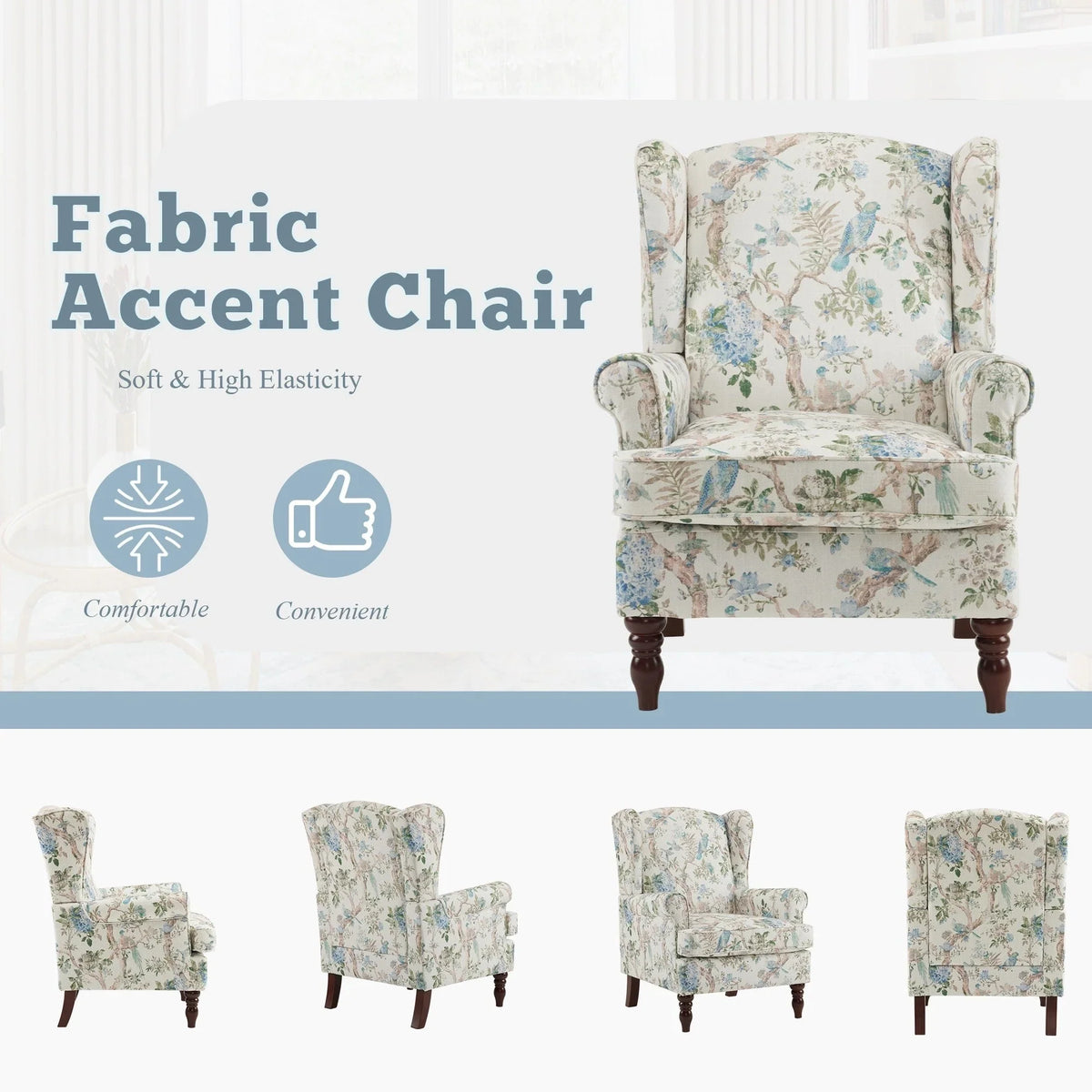 Fauteuil d’appoint moderne Erommy à dossier haut, fauteuil une place en tissu rembourré avec boutons et pieds en bois, pour salon