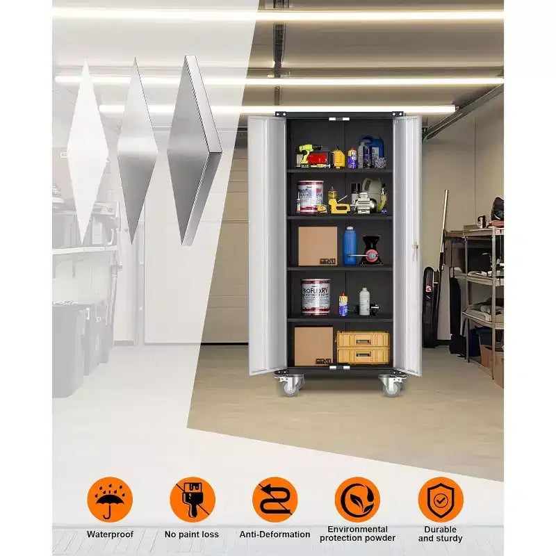 Garagenschrank mit Rollen und Lochwand, abschließbarer Metallschrank mit 72 H, 2 Türen und 4 verstellbaren Einlegeböden für Garage und Werkstatt