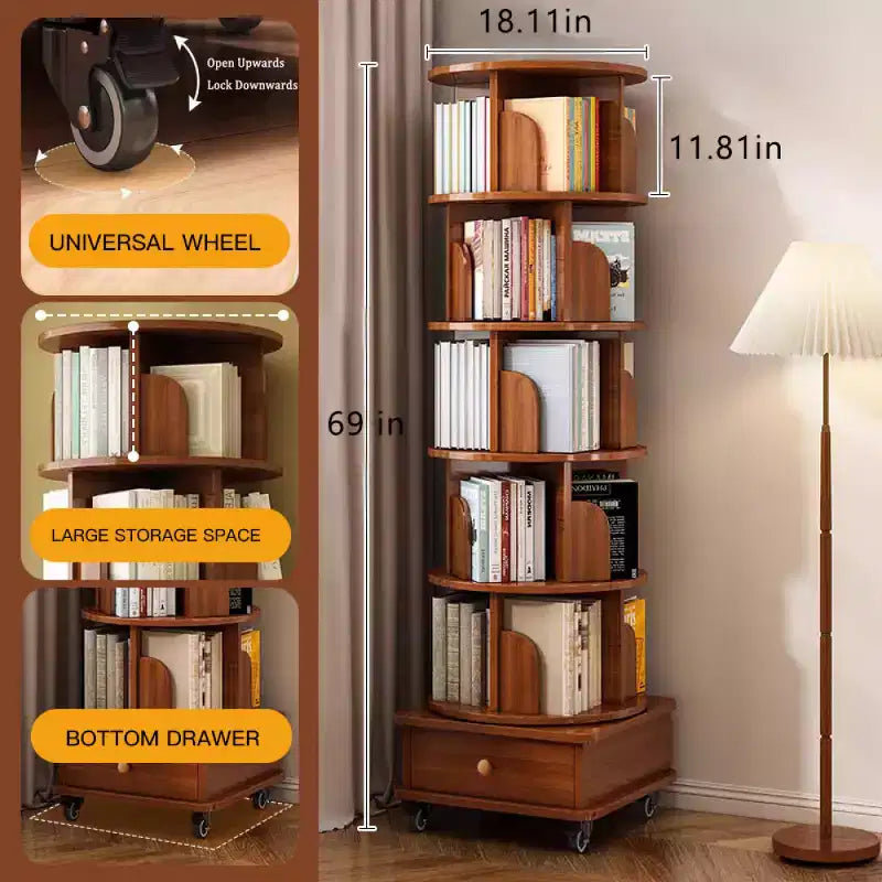 Bibliothèque d’angle rotative à 360° Chic Crate, 6 niveaux, sur roulettes, étroite et adaptée aux petits espaces  brun noyer