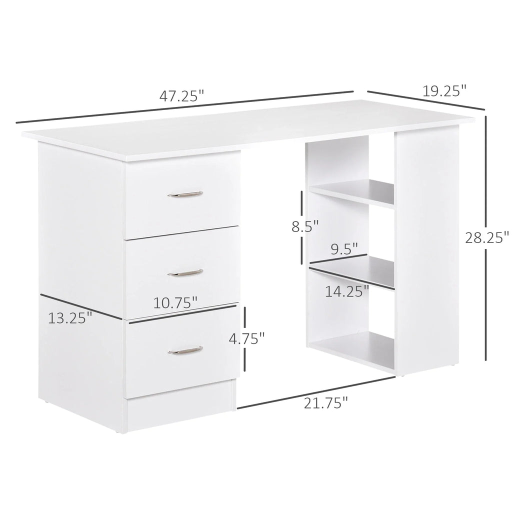 HOMCOM 47 modern bureau voor thuiswerkplek, combinatie van computerbureau en boekenkast, schrijftafel met werkplek, 3 laden en opbergplank - wit