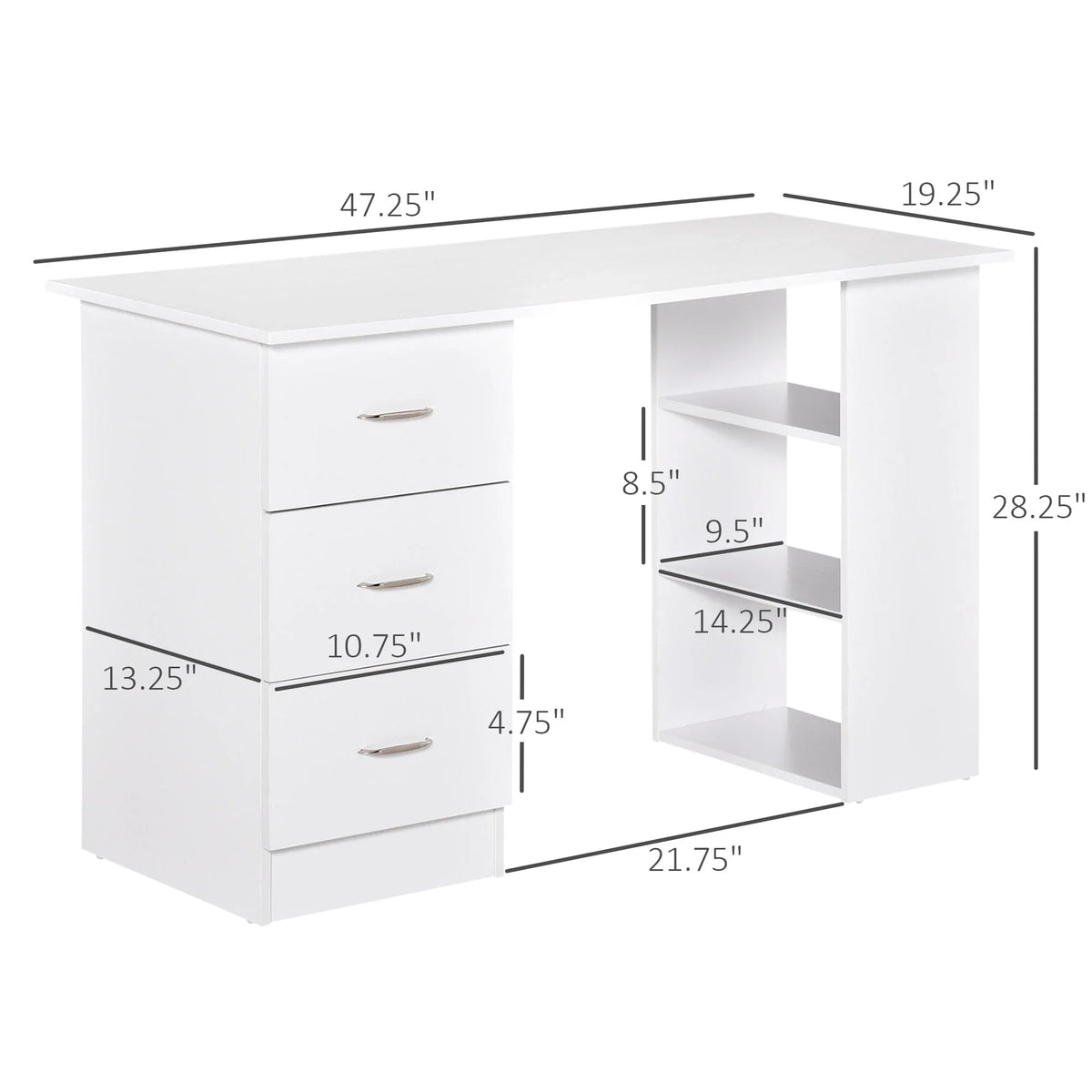 HOMCOM 47 modern bureau voor thuiswerkplek, combinatie van computerbureau en boekenkast, schrijftafel met werkplek, 3 laden en opbergplank - wit