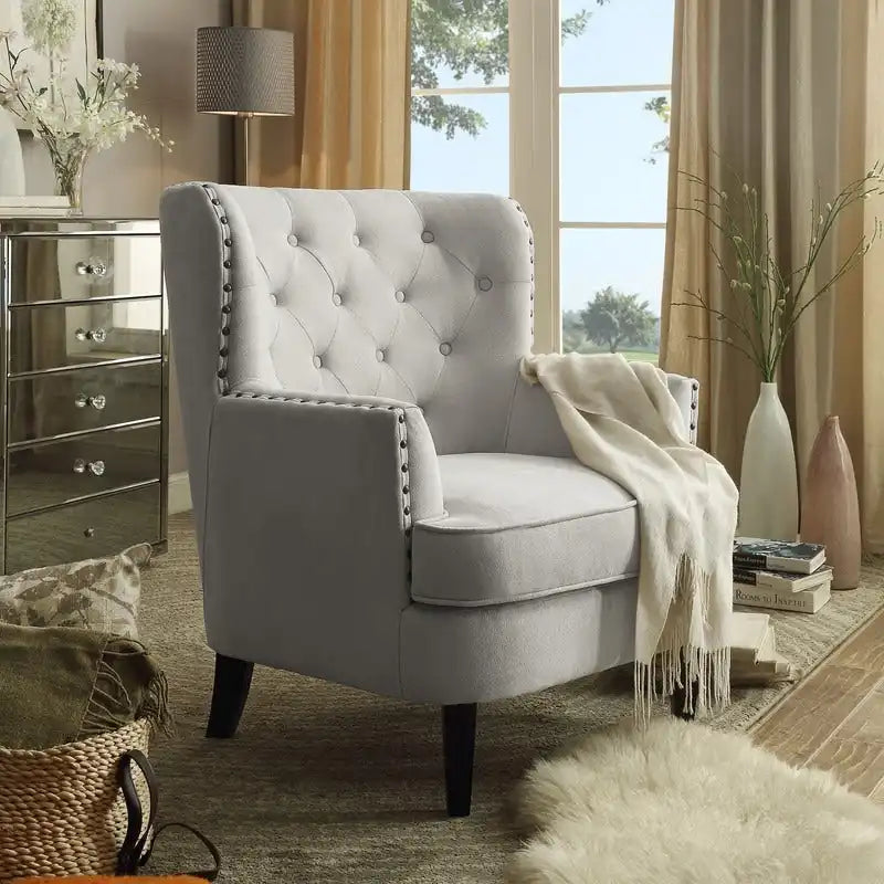 Moser Bay Mignon fluwelen/linnen fauteuil met knopen en hoge rugleuning, 30 breed