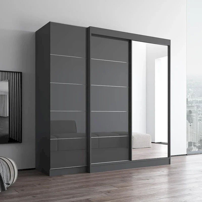 Kleiderschrank mit 2 Türen und Spiegel, Glasfront, für 2 Personen (Grau / Schwarz / Weiß)