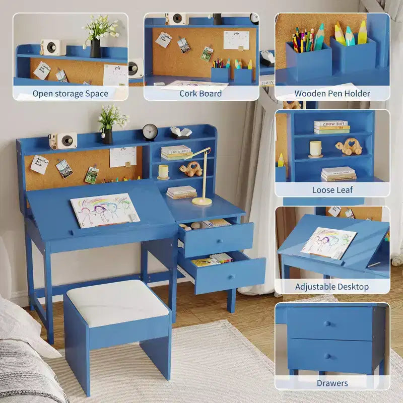 Kinderbureau met stoel, houten studeertafel met verstelbaar schuin bureaublad, lades en prikbord van kurk - schoolbureau voor kinderen