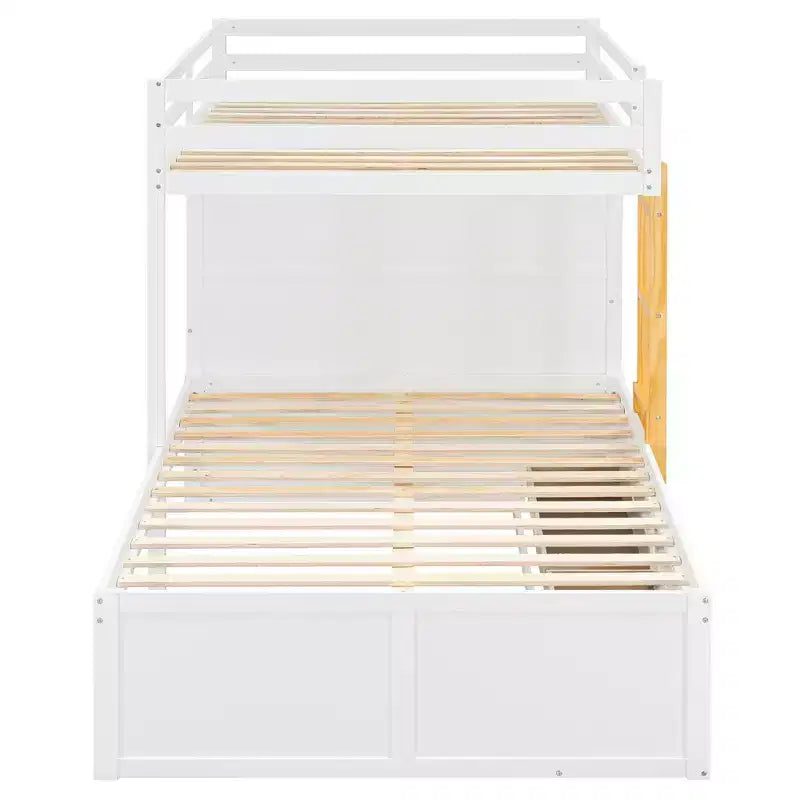 Stapelbed met twee tweepersoonsbedden, opbergkast en laden, houten stapelbed in tweepersoonsformaat met ruimtebesparend ontwerp en veiligheidsreling voor appartement en slaapkamer