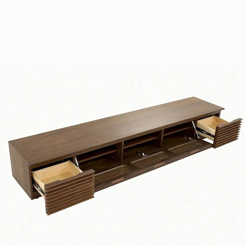 Minimalistische tv-kast met lades, mediameubel van massief hout met kasten, neerklapbare deur, walnootfineer, volledig gemonteerd