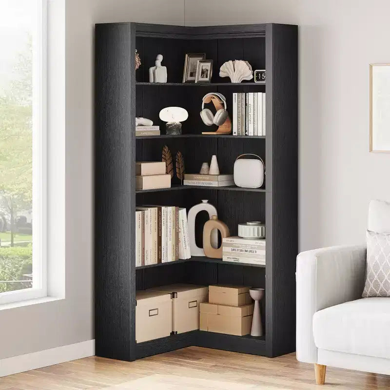 Zwart/wit/hout/retro, L-vormige hoekboekenkast, 5 niveaus, enkel