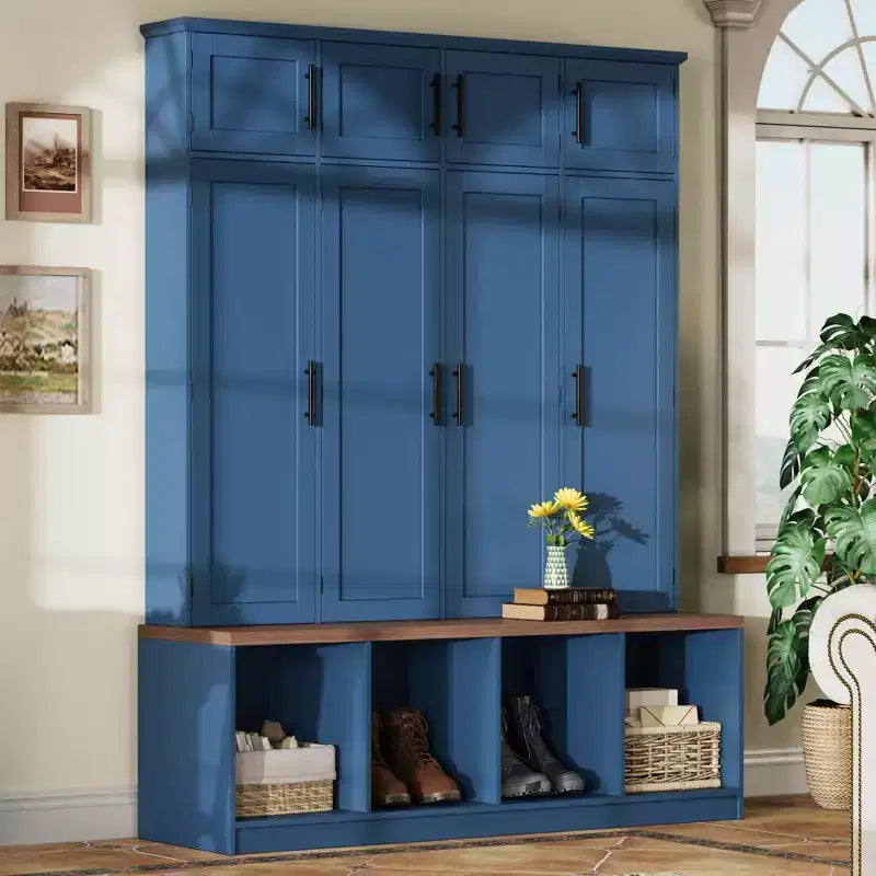 De Misty Moon-boomhallbank in landelijke stijl, blauw, met 4 verborgen ophanghaken en veelzijdige zitbank van walnoothout met 8 deuren