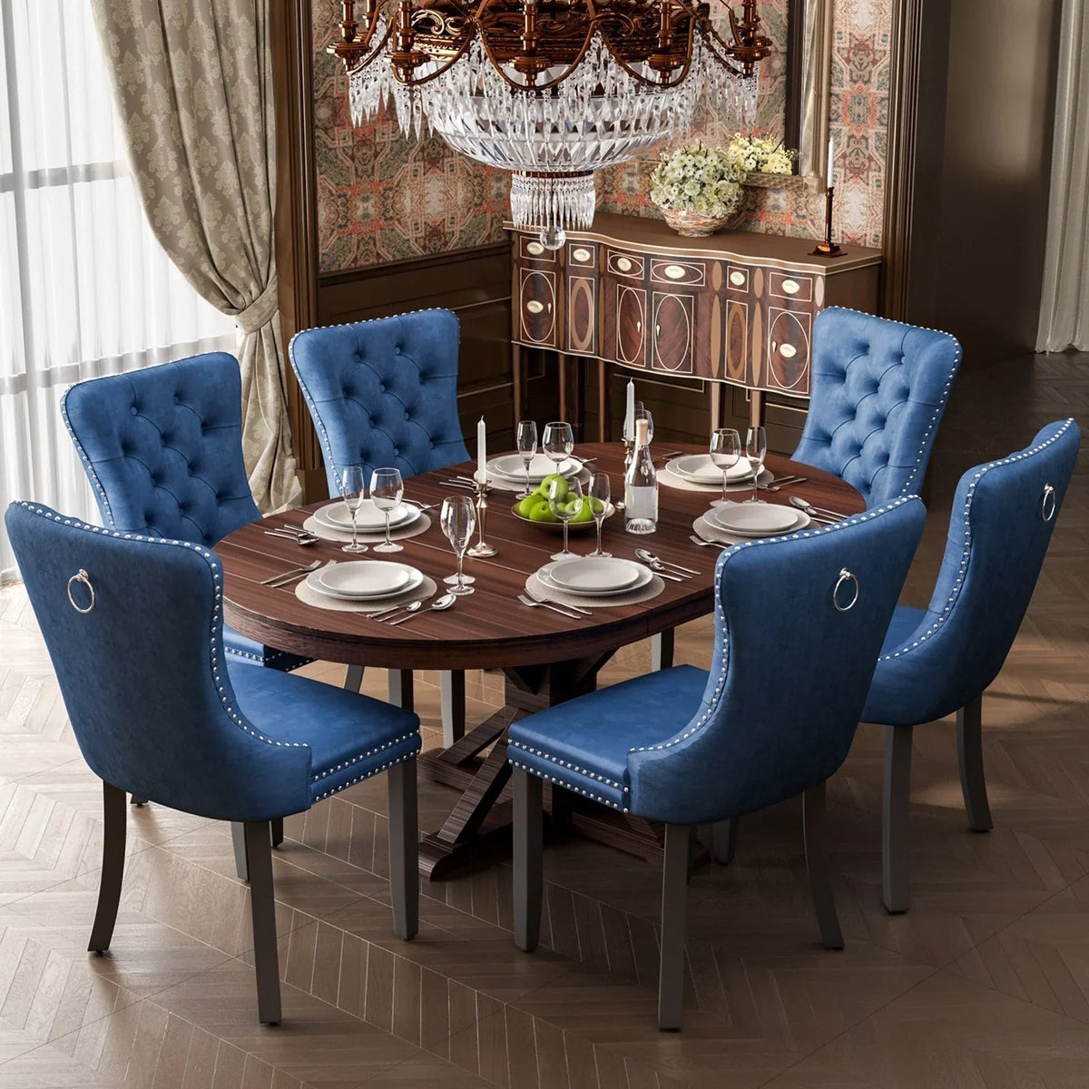 Upholstered Tufted Velvet Dining Chair with Solid Wood Legs Set of 6