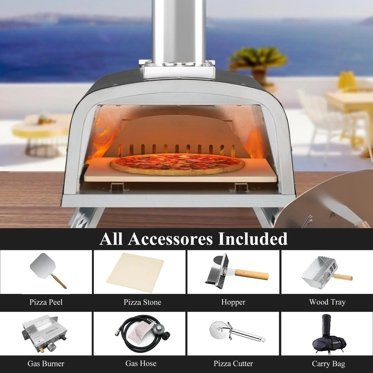 Multibrandstof-pizzaoven voor buiten, voor steenovenpizza, met gasbrander en houtbox - 12 inch