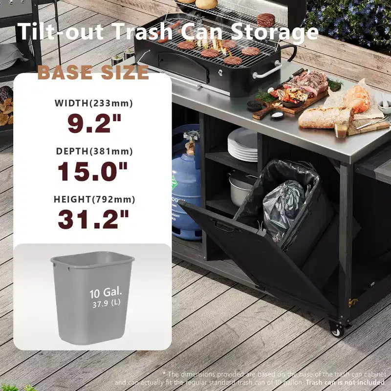 Buitenkeukeneiland van 78.3 inch met roestvrijstalen werkblad, opvouwbaar BBQ-station en opbergkasten, zwart