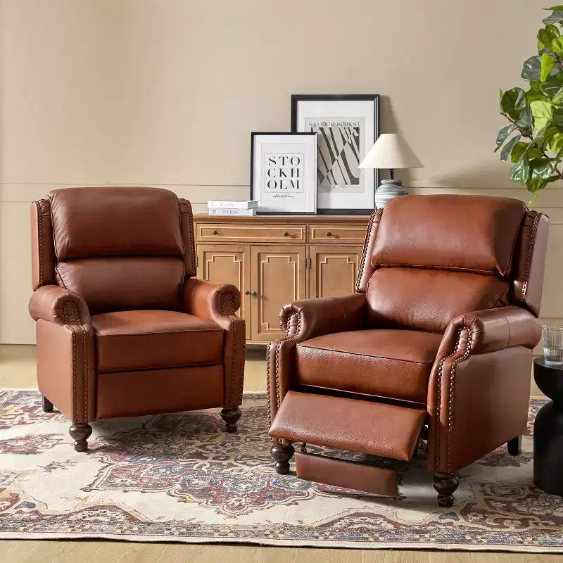2er-Set moderner Ohrensessel aus Echtleder Elisabete mit Vintage-Nagelkopfverzierung für Wohnzimmer und Schlafzimmer| ART OF LIVING DESIGNS