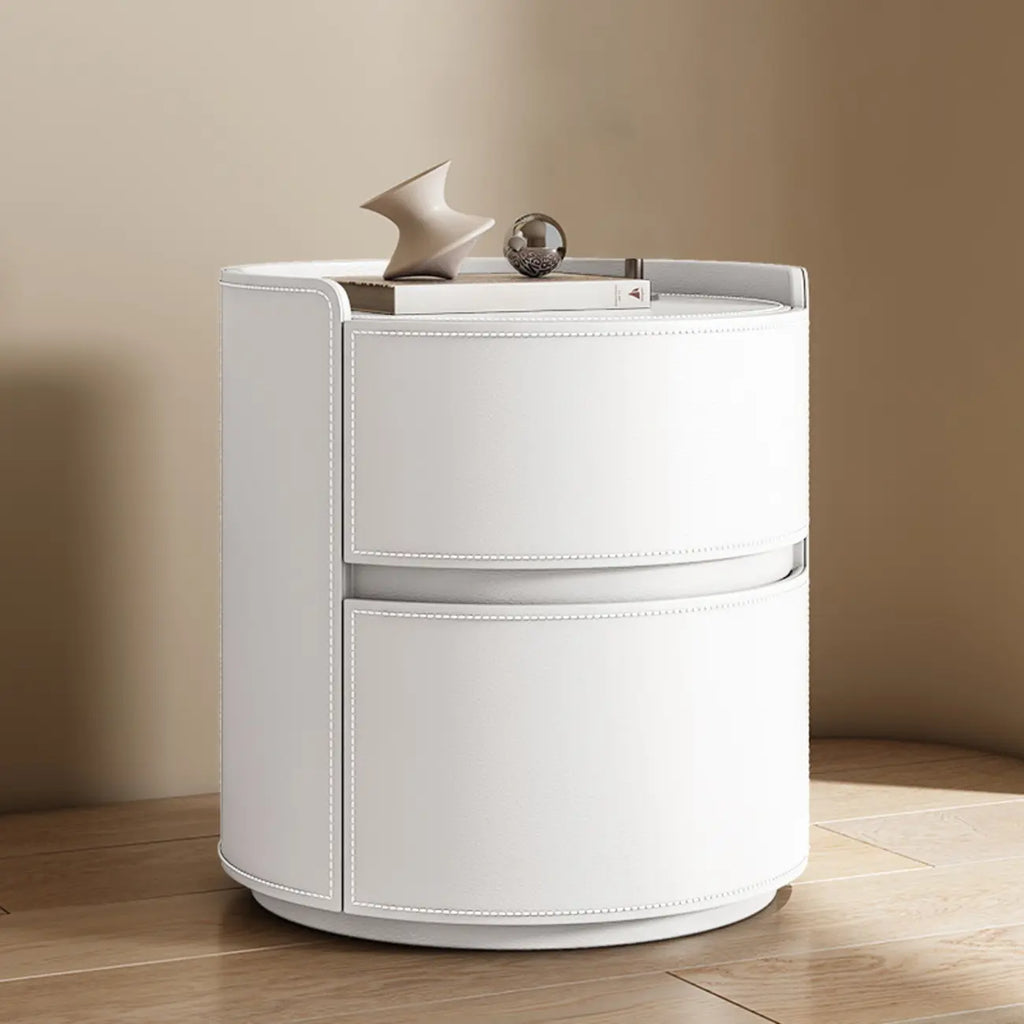 Moderner runder Nachttisch mit Lederablage und 2 Schubladen
