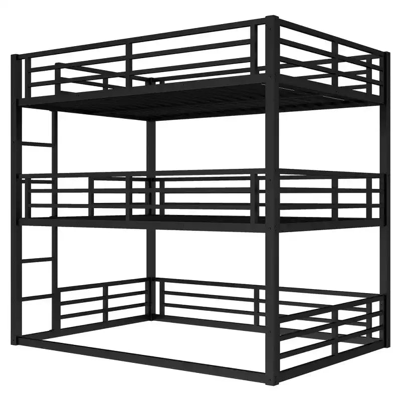 Etagenbett für drei Personen, Metall, mit Sicherheitsgittern, robustes Etagenbett mit geräuschreduziertem Design, Schwarz