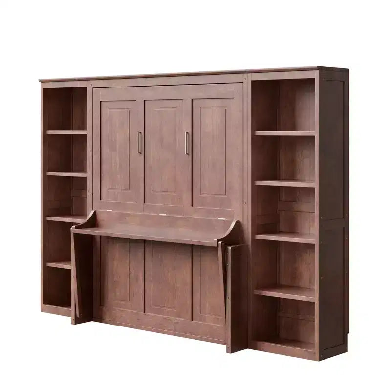Murphy-Bett in Full-/Queen-Size, platzsparendes Wandbett mit Schreibtisch und Bücherregal, Dunkelbraun - ModernLuxe