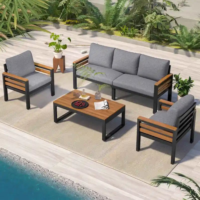 4-teiliges Outdoor-Sofaset für 5 Personen mit Couchtisch aus Massivholz und abnehmbaren Kissen