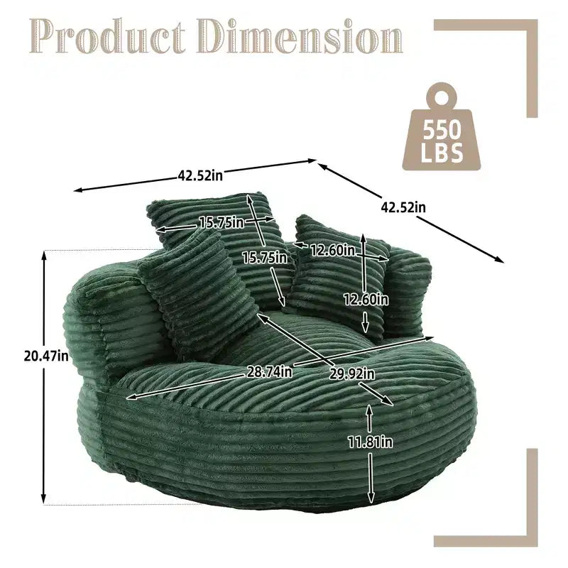 Sitzsacksofa für Erwachsene und Kinder, übergroßer Cord-Sitzsack mit 3 Kissen und Armlehnen für Wohnzimmer und Schlafzimmer