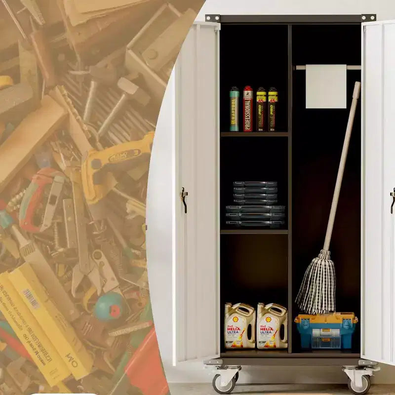 Garagenschrank mit Rollen und Lochwand, abschließbarer Metallschrank mit 72 H, 2 Türen und 4 verstellbaren Einlegeböden für Garage und Werkstatt