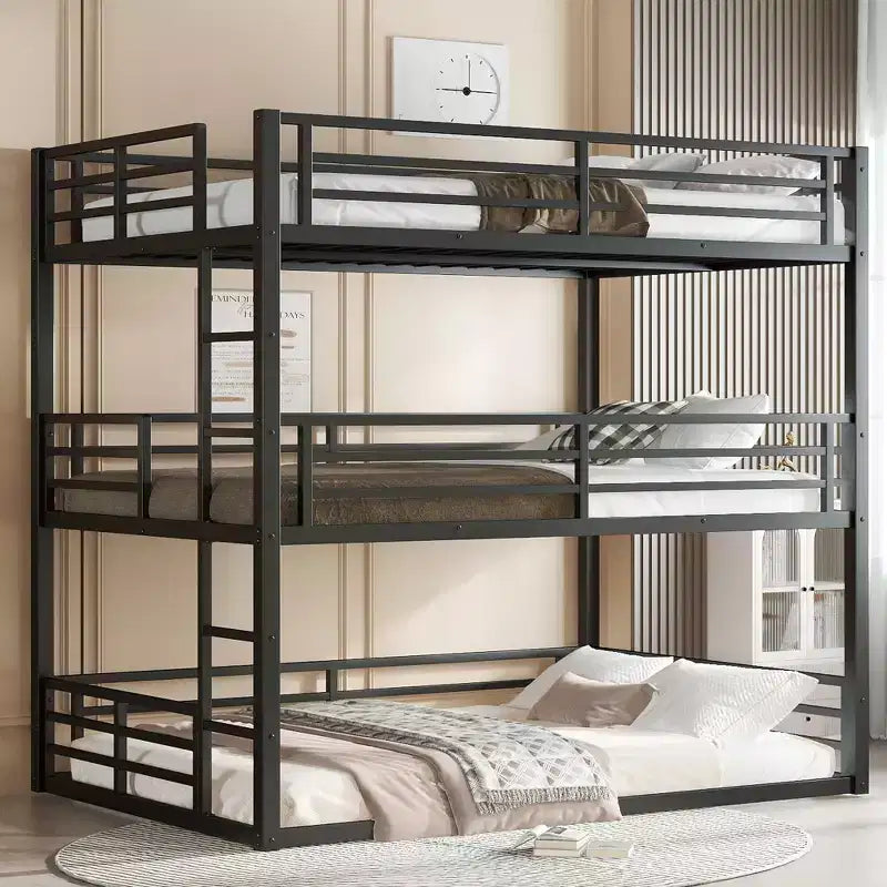 Etagenbett für drei Personen, Metall, mit Sicherheitsgittern, robustes Etagenbett mit geräuschreduziertem Design, Schwarz