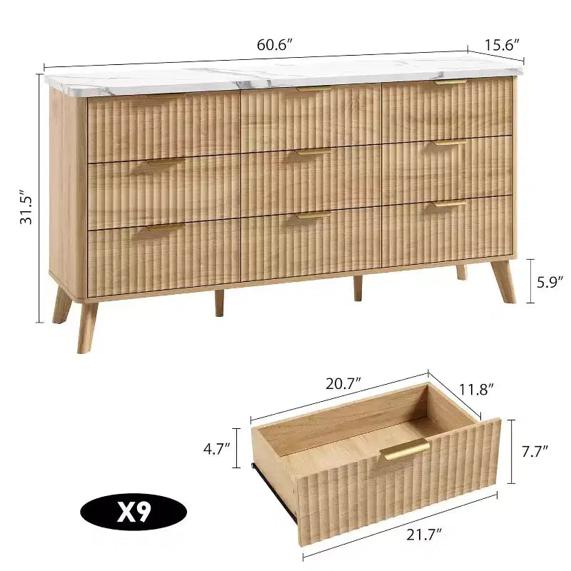 Commode met 9 gecanneleerde laden, moderne ladekast, houten commode-tv-meubel, gebogen ontwerp, voor de woonkamer of hal