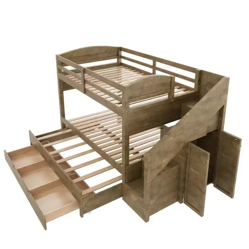 Whisen XL-Etagenbettgestell mit Ausziehbett, Etagenbett mit Stauraum, Etagenbett aus Massivholz, Stauraumtreppe, Kleiderschrank, 3 Schubladen, für Kinder