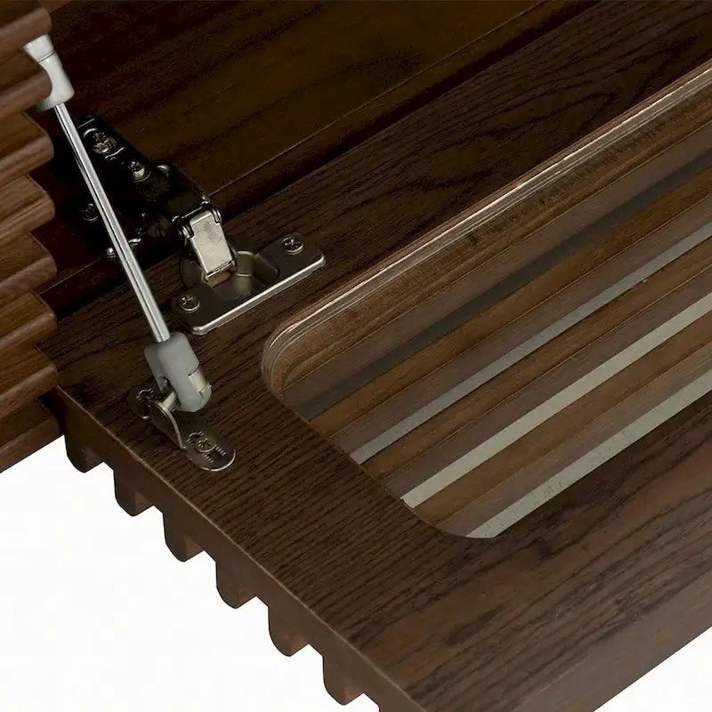 Minimalistische tv-kast met lades, mediameubel van massief hout met kasten, neerklapbare deur, walnootfineer, volledig gemonteerd