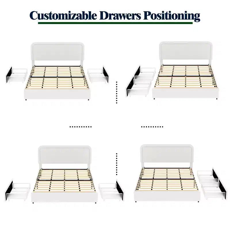 Modernes Queensize-Bett mit Bouclé-Polsterung und Schubladen