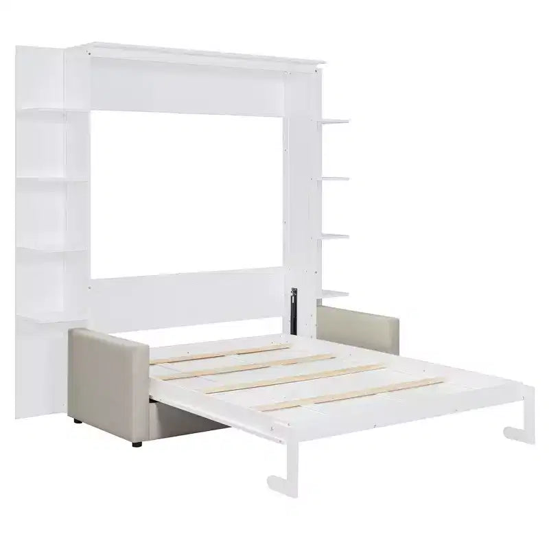 Queen-Murphy-Bett mit Sofa, Schrankbett in Queen-Size zum Zusammenklappen mit Bücherregal und Regalen für Gästezimmer oder Büro