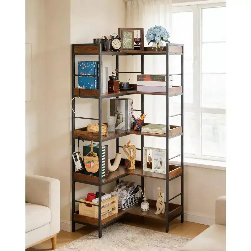Bibliothèque d'angle en L à 5 niveaux, 65, en bois et métal de style industriel (brun rustique), rangement réversible pour le salon, la chambre et le bureau à domicile