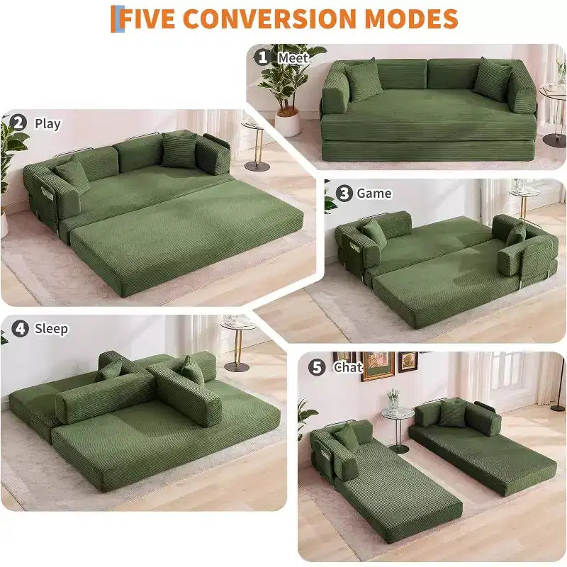 5-in-1-Schlafsofa, 78.8 modulares Cordsofa mit stabilem Gestell, multifunktionales Futon für kleine Räume, Wohnzimmer und Gästezimmer
