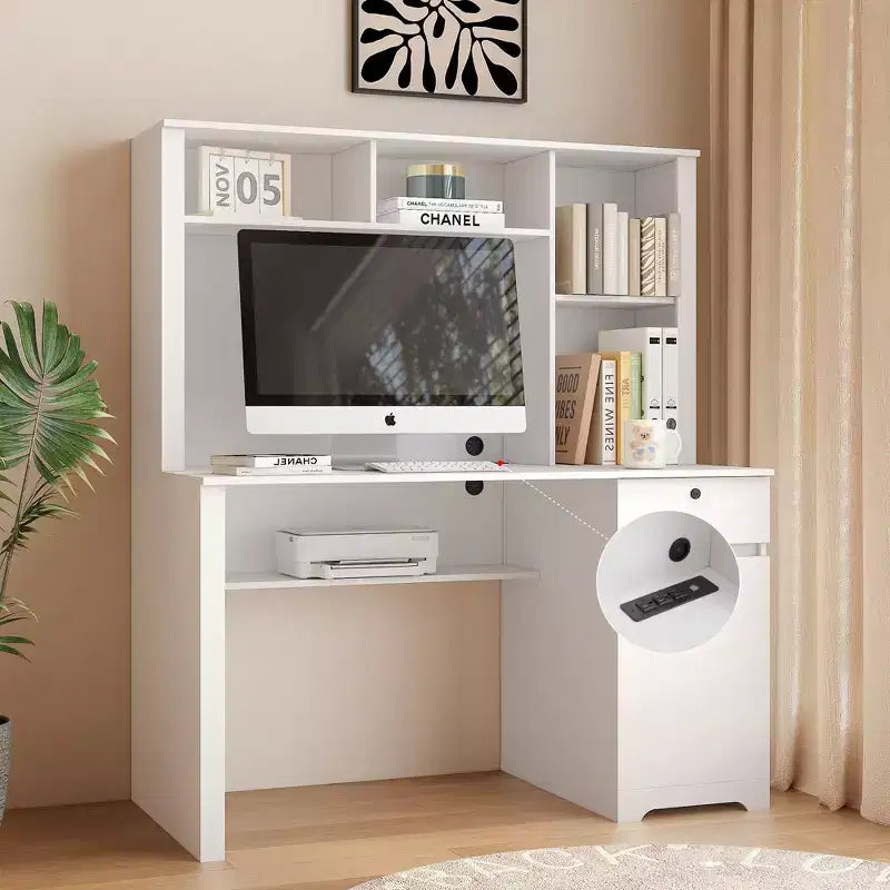 Moderne computerbureau van 51.18IN met opzetkast en boekenplank, bureau met veel opbergruimte, schrijftafel voor studeerkamer en leesruimte